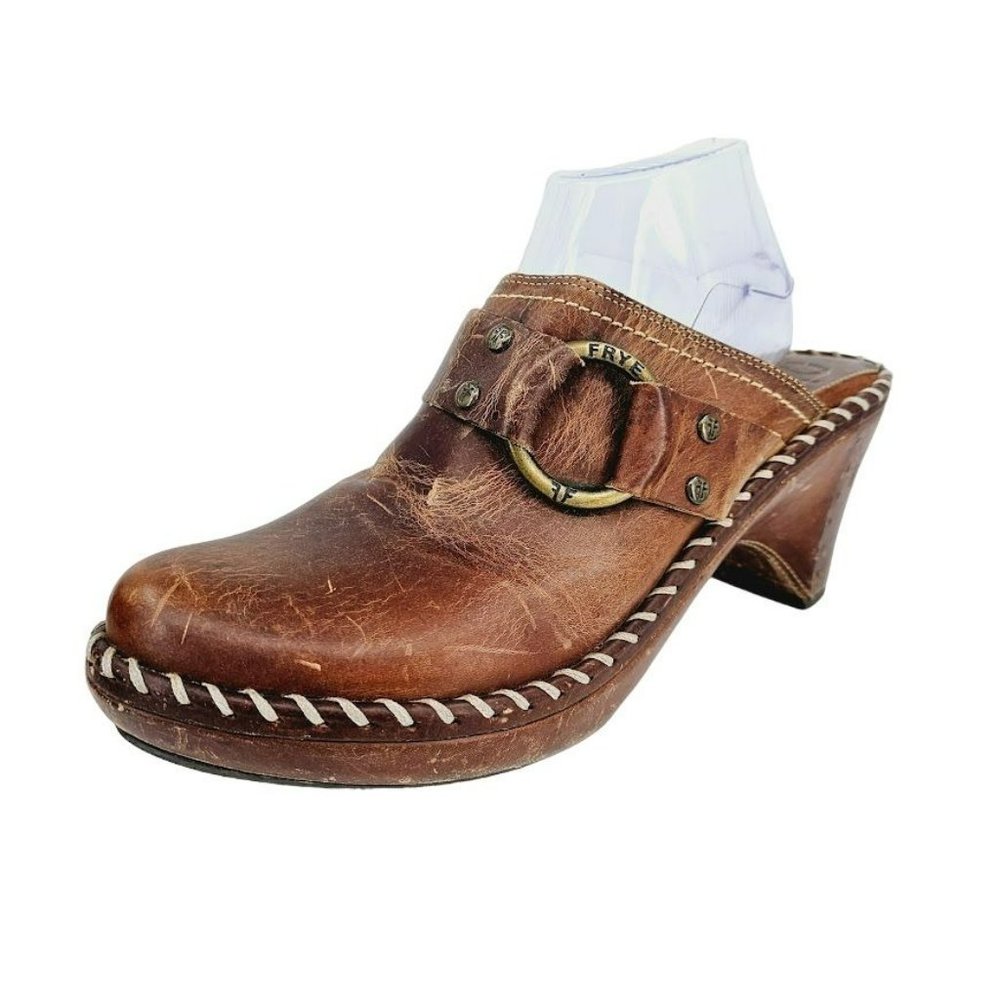 Frye Charlotte Ring Mules Clogs 9.5 M Brown Leather Distressed Stitched Rivets - Picture 16 of 16